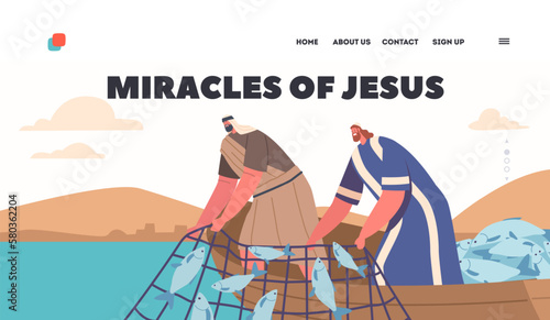 Wonderful Catch Landing Page Template. Jesus Miracles, Apostles Caught An Abundance Of Fish, Symbolizing His Power