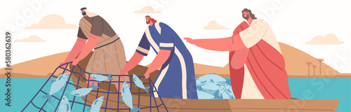 Wonderful Catch Biblical Event. Jesus Miraculously Caught A Large Amount Of Fish After Instructing Simon To Let Down Net