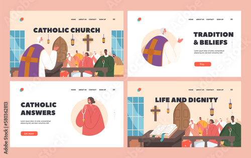 Catholic Church Landing Page Template Set. Priest Leading The Service To Characters Sitting On Pews. Faith, Spirituality