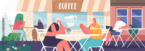 Characters Sitting, Chatting And Enjoying Coffee In Street Cafe. Concept of Ambiance And Social Atmosphere Of Urban Life