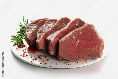 Juicy steak of meat on a plate. Fast food, delicious food. White background.