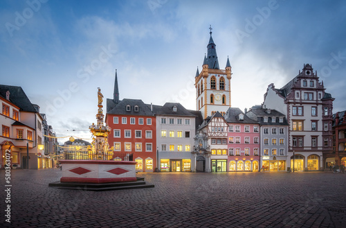 Hauptmarkt Square with Saint Peter Fountain (Petrusbrunnen) and Saint Gangolf Church Tower - Trier, Germany