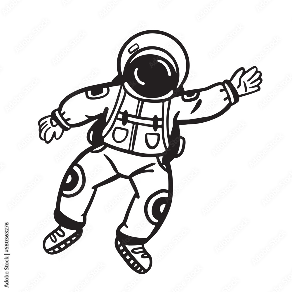 Obraz premium Astronauts in space hand-drawn, for posters, stickers and any design. Isolated on a white background. Vector illustration with doodles.