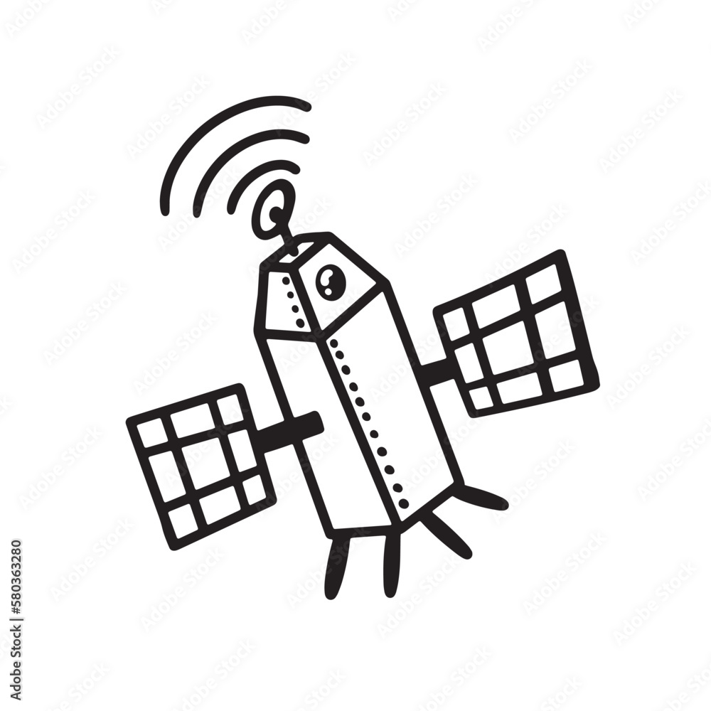 Space station, satellite, science statio is space by hand, for posters, stickers and any design. Isolated on a white background. Vector illustration with doodles. Space station, satellite, science statio is space by hand, for posters, stickers and any design. Isolated on a white background. Vector illustration with doodles.