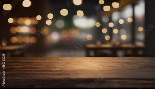 Empty Natural Wood Trunk of Table  Desk on Blur Bokeh Restaurant Nordic Style Background