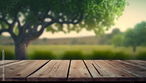 Empty Natural Wood Trunk of Table, Desk on Blur Green Garden with Tree Background 