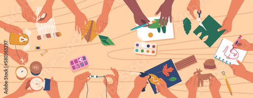 Hands Gaining Creative Classes. Top View. Painting, Cutting Colored Paper, Folding Paper Sheet for Origami, Appliques