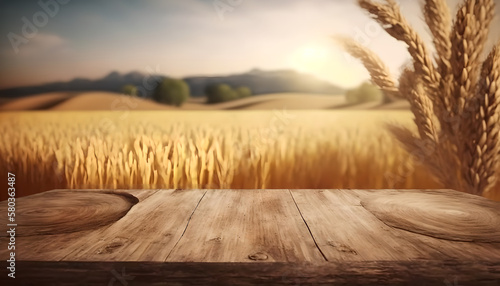Empty Natural Wood Trunk of Table, Desk on Wheat Barley Fields Style Background