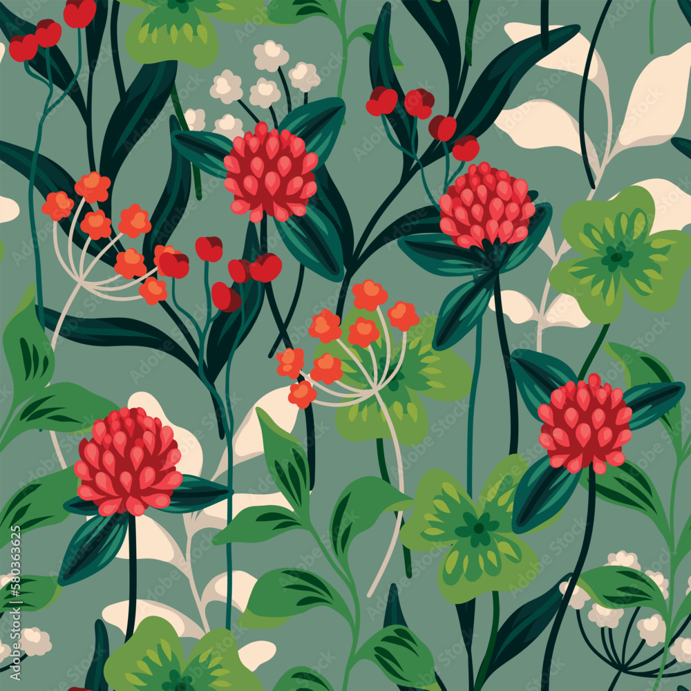 Seamless floral pattern with hand drawn wildflowers. Beautiful flower print, vintage botanical background with decorative art wild flora: clover flowers, leaves, twigs, herbs. Vector illustration.