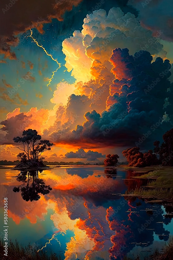 Obraz premium A sunset over a lake. Generative AI