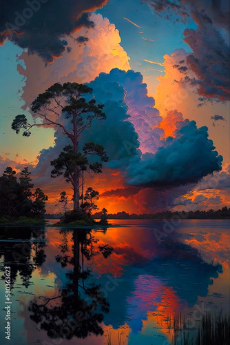 A sunset over a lake. Generative AI © Oleksandr