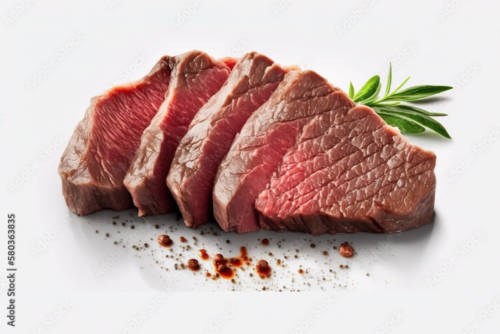 Juicy steak of meat. Fast food, delicious food. White backgeround isolated.