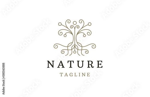 Line art tree logo design. tree and root vector template