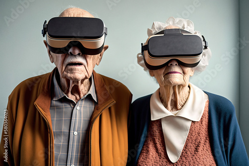 Generative AI of senior couple in virtual reality goggles and fancy clothes photo