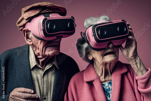 Generative AI of senior couple in virtual reality goggles and fancy clothes photo