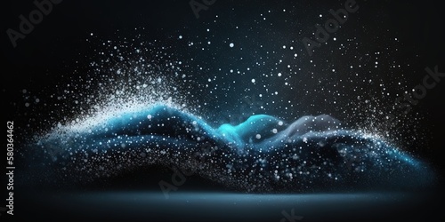 Dark background with blurred tech webpage header design features flowing blue and white glowing dust particles, Generative AI