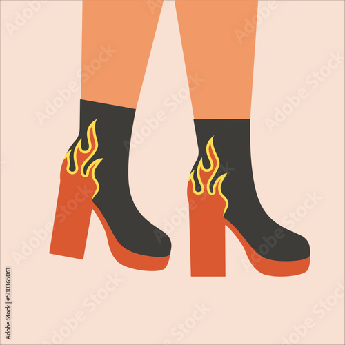 Woman high heel ankle boots. Disco female shoes  with flame print. Glamour footwear. Retro, old style, vintage. Trendy vector illustration. 60-s, 70-s style.