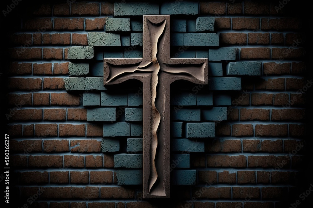 Concept of religion wooden cross on fresh black plastered brick wall. Generative AI