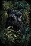 Black panter in dark tropical forest. Generative AI.