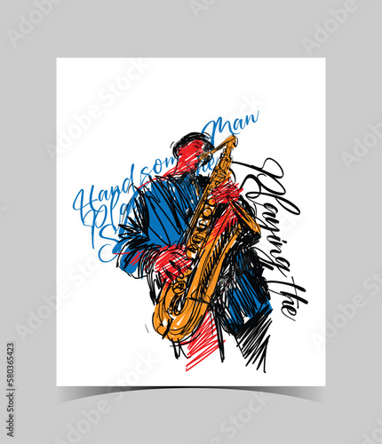 Jazz saxophone player, musician saxophonist abstract line illustration Vector.