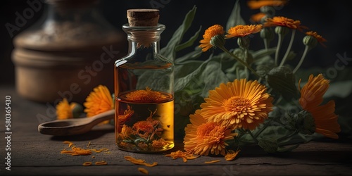 Glass bottle of calendula oil made from Calendula officinalis flowers, Generative AI photo