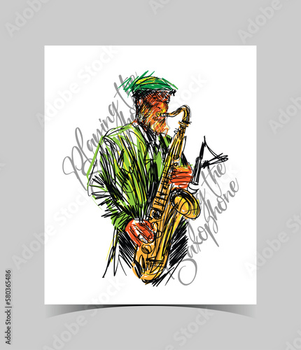 Jazz saxophone player, musician saxophonist abstract line illustration Vector.