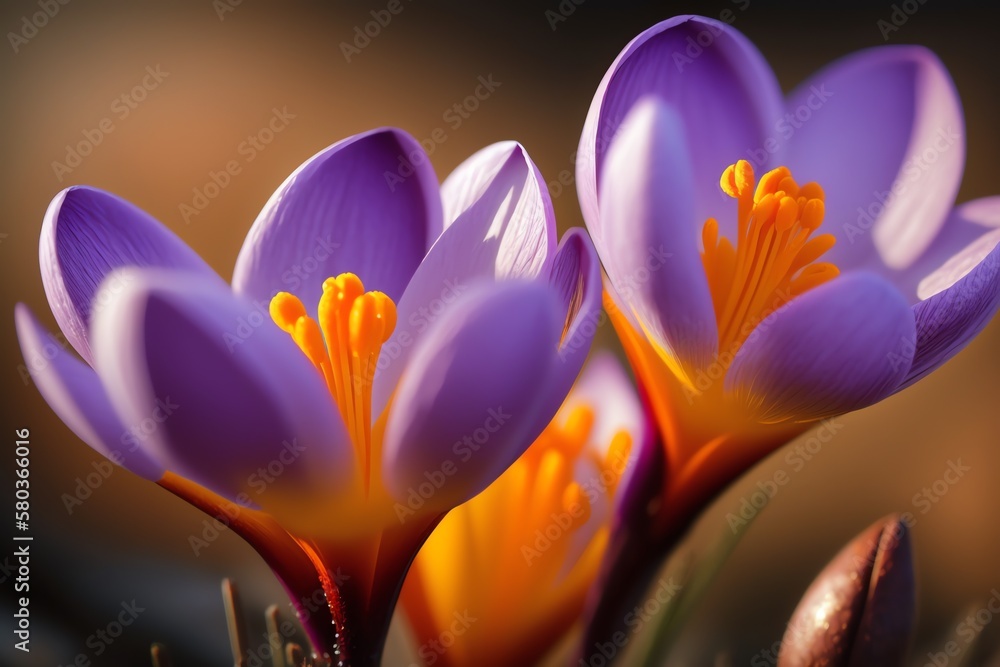 Fototapeta premium Purple Crocuses close-up view. Spring crocuses bloom. Spring flowers. Generative AI