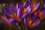 Purple Crocuses close-up view. Spring crocuses bloom. Spring flowers. Generative AI