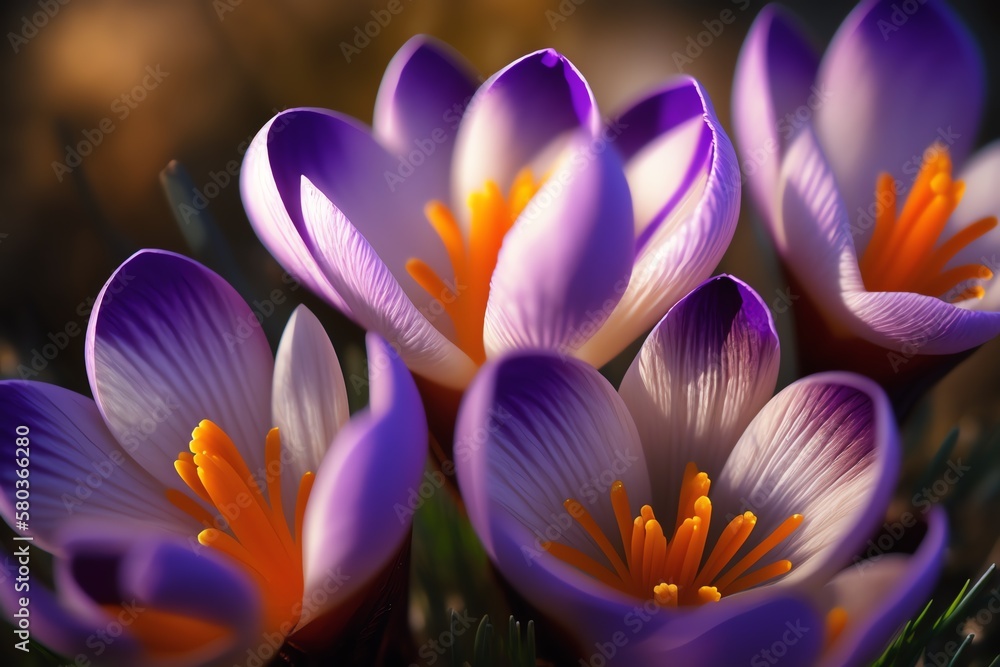 Fototapeta premium Purple Crocuses close-up view. Spring crocuses bloom. Spring flowers. Generative AI