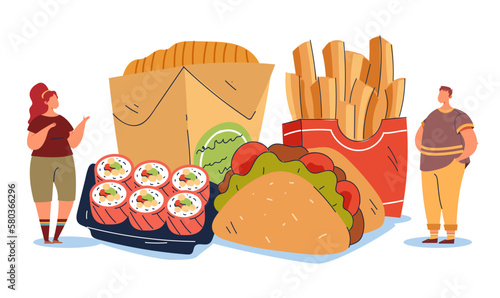 Bad fat obese fast junk food problems concept. Vector graphic design element illustration
