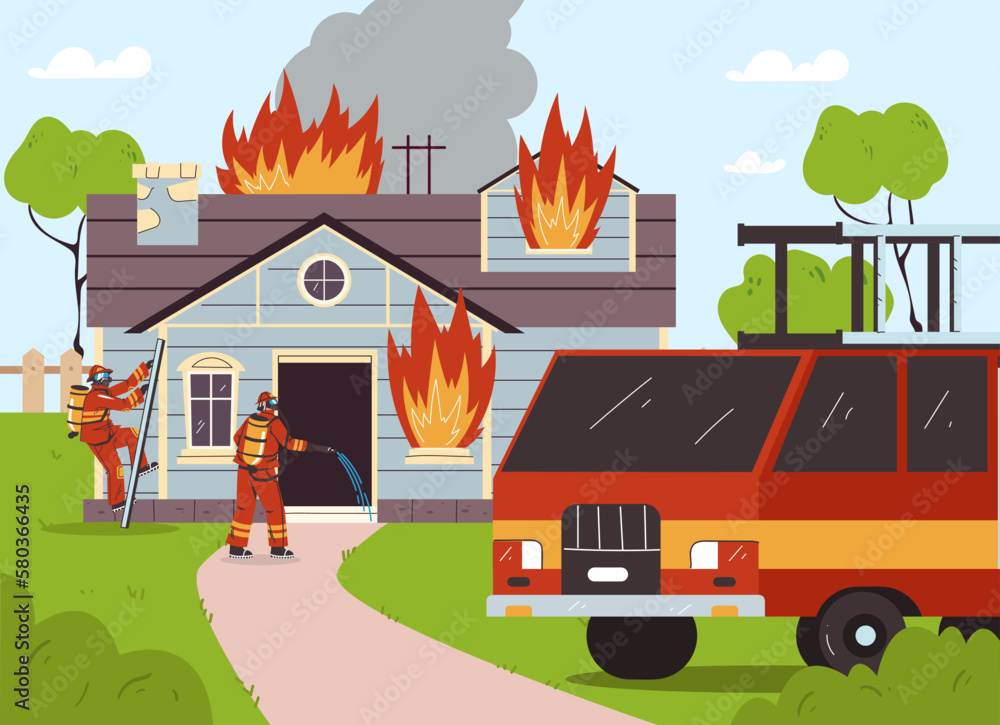 Fireman fight with fire brave firefighter. Burning house home street concept. Vector graphic design illustration element