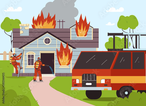 Fireman fight with fire brave firefighter. Burning house home street concept. Vector graphic design illustration element