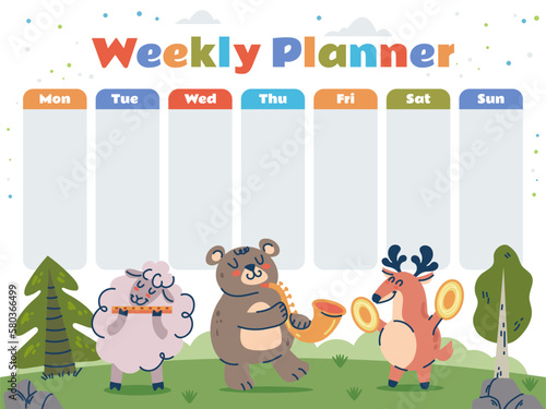 Planner kids school calendar forest animal template concept. Vector graphic design illustration element