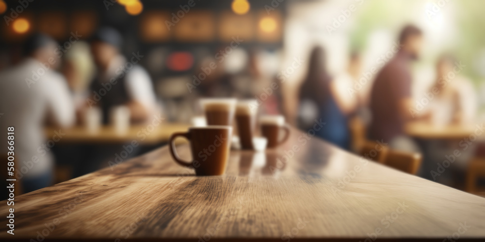 An empty wooden counter table top for product display in a coffee shop or bar. Generative ai