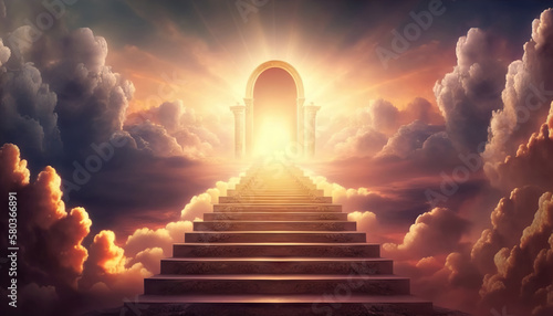 Stairway among evening clouds leading to Heaven. Based on Generative AI