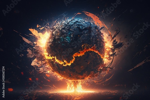 Burning and bursting globe on an abstract apocalyptic background, created using digital art. Generative AI