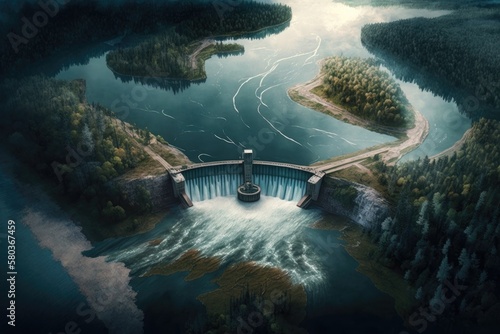 Aerial view, a hydroelectric dam on a river, and water being released from a reservoir. Generative AI