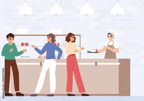 People in cafe choose dishes. Canteen or self restaurant, waiting line to waiter and cashier. Students lunch, young adults eating, vector scene