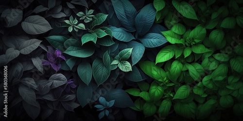 Vinca min plants set against a dark background with a moody texture, Generative AI