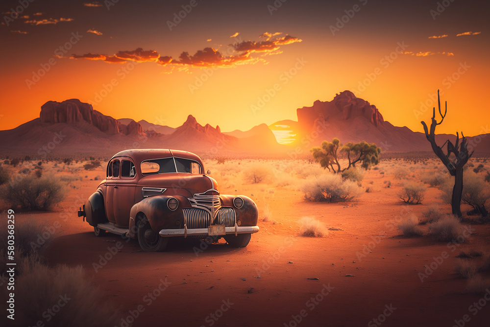 A classic car parked on a deserted desert road at sunset, with a fiery orange sky in the background.