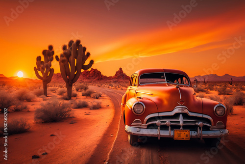 A classic car parked on a deserted desert road at sunset, with a fiery orange sky in the background. © Ivan