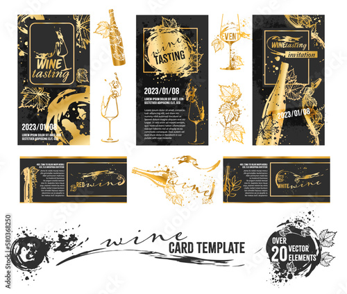 Wine card template - hand drawn line art of wine, bottles and glasses. Art for menu, shop, market or sale. Wine bottles with wine stains. Sketchy collection of different wine elements.