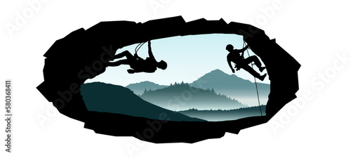 Climb climbers adventure hobby vector illustration for logo - Black silhouette of a climber cliff rock with blue misty fog mountains landscape in the morning as a background