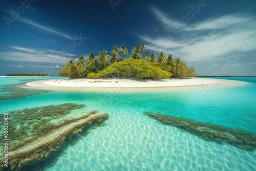 Beautiful tropical island in the Maldives with blue sky and sea for vacation backdrop in the natural world. Generative AI © AkuAku