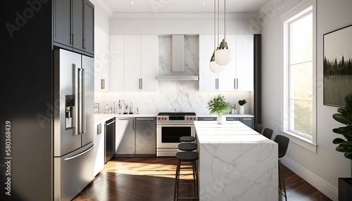 Sleek and Modern Kitchen with Stainless Steel Appliances and Marble Countertops