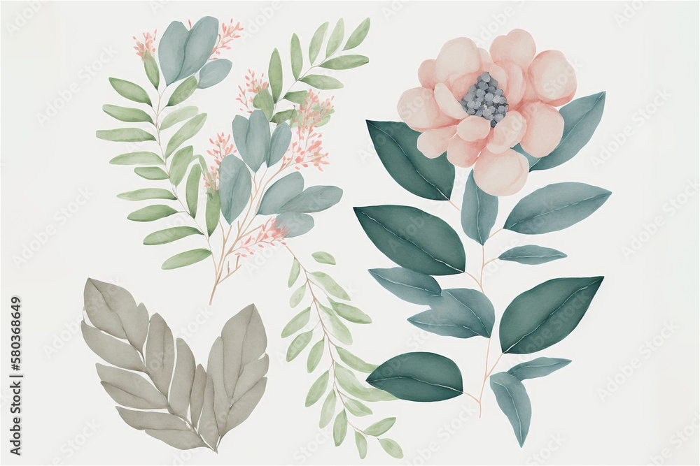 Stunning Flowers and Leaves in watercolor, on a clean white background, minimal style for valentine, wedding, birthdays cards - Ai Generative