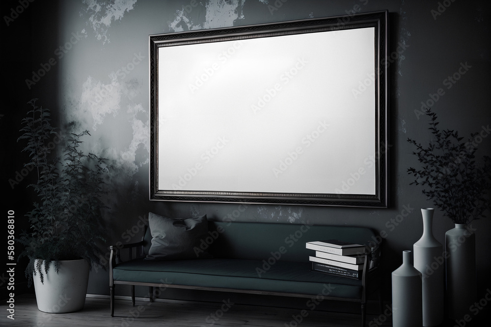 Fototapeta premium Mockup of blank horizontal frame in dark gothic interior