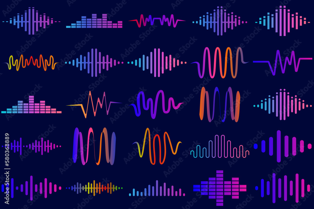 Multicolor collection sound audio wave object icon vector  flat design illustration