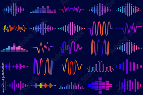 Multicolor collection sound audio wave object icon vector  flat design illustration