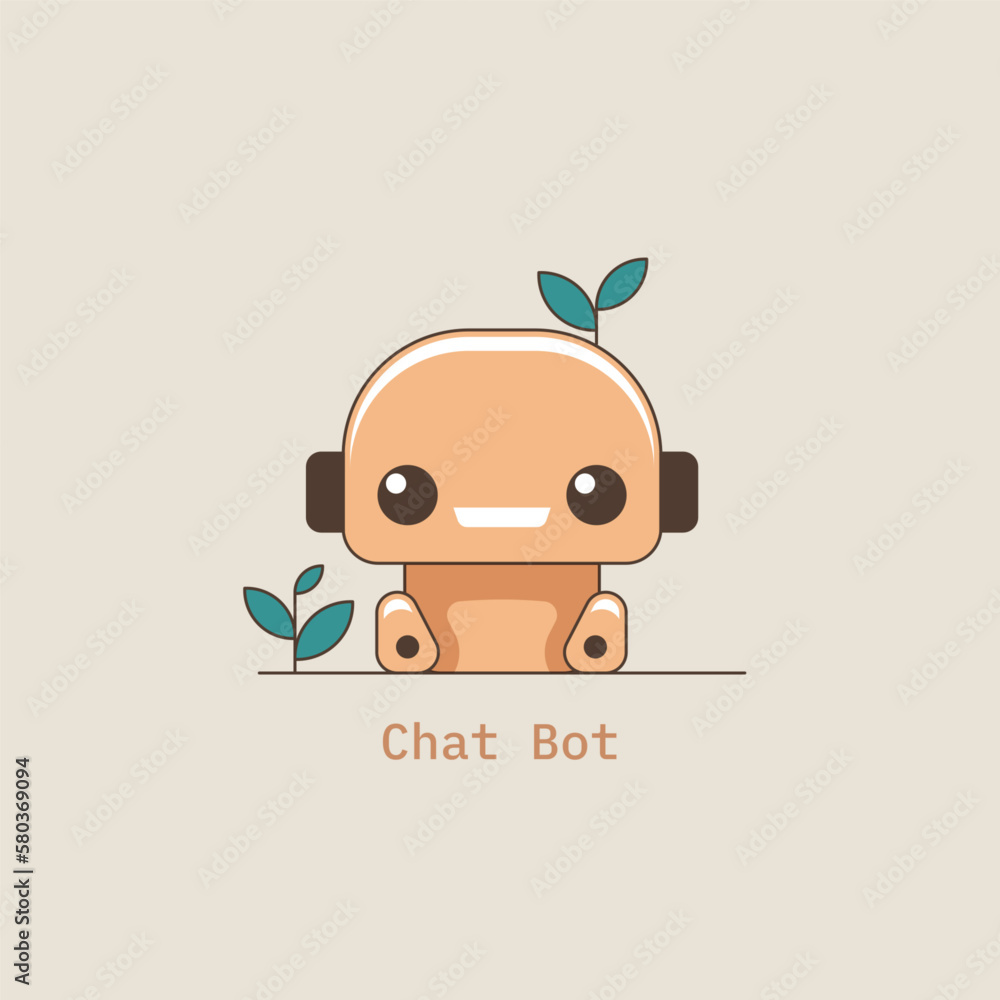 Cute smiling funny robot chat bot. AI virtual online help assist. Virtual assistant. Voice support service. Online consultation. Customer support logo. Cartoon character. Vector illustration